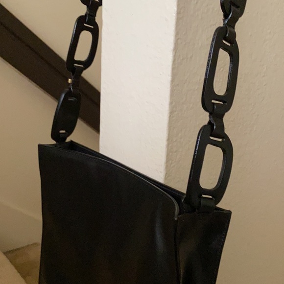 Vintage NEW GUCCI sleek black leather shoulder bag crossbody handbag w/wood RARE - Picture 6 of 13